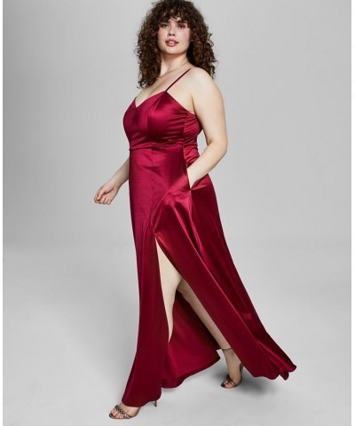 Trendy Plus Size Juniors' Spaghetti Strap Satin Gown Red $38.46 Dresses