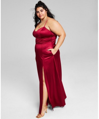 Trendy Plus Size Juniors' Spaghetti Strap Satin Gown Red $38.46 Dresses