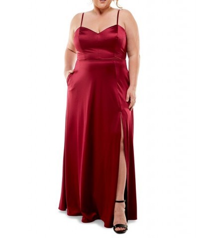 Trendy Plus Size Juniors' Spaghetti Strap Satin Gown Red $38.46 Dresses