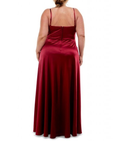 Trendy Plus Size Juniors' Spaghetti Strap Satin Gown Red $38.46 Dresses