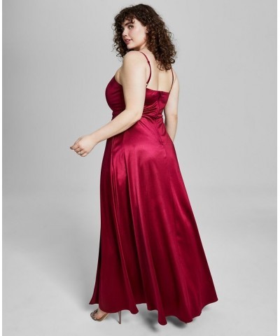 Trendy Plus Size Juniors' Spaghetti Strap Satin Gown Red $38.46 Dresses