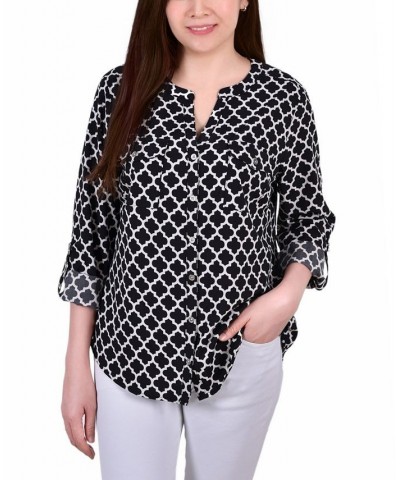 Petite Tab Y Neck Blouse Lilas Ground, Black Lines $12.60 Tops