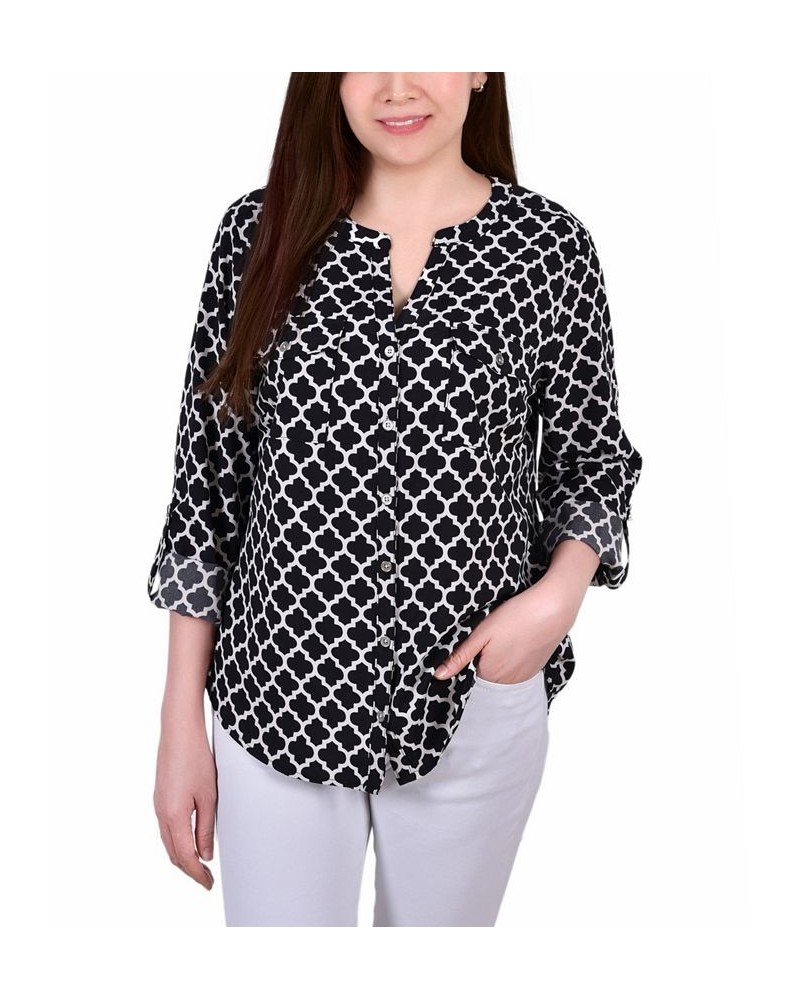 Petite Tab Y Neck Blouse Lilas Ground, Black Lines $12.60 Tops