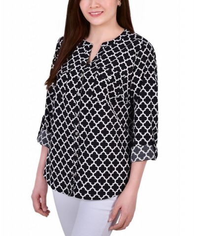 Petite Tab Y Neck Blouse Lilas Ground, Black Lines $12.60 Tops