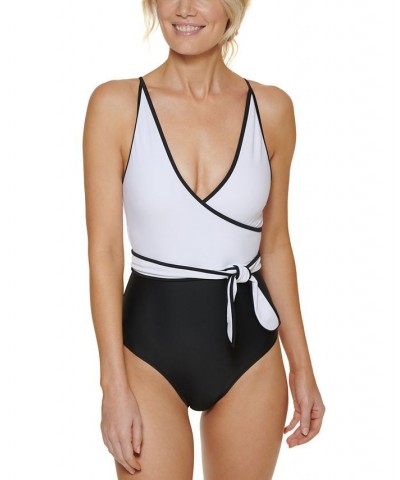 Colorblocked Wrap-Front Tie One-Piece Swimsuit Black/White $51.92 Swimsuits