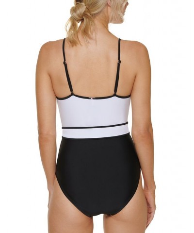 Colorblocked Wrap-Front Tie One-Piece Swimsuit Black/White $51.92 Swimsuits