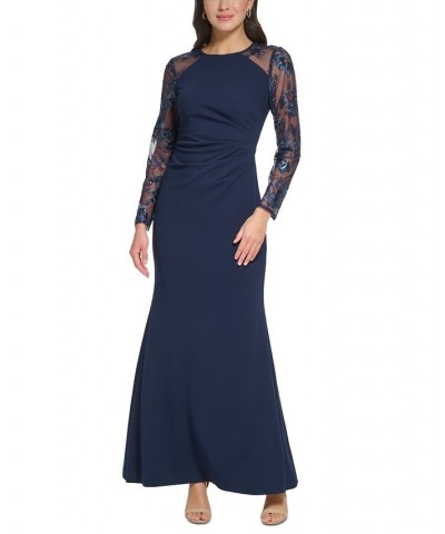 Women's Embellished Combo Side-Ruched Gown Navy $66.56 Dresses