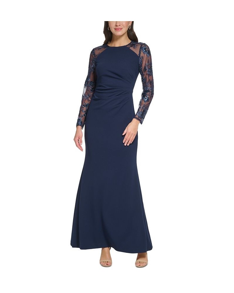 Women's Embellished Combo Side-Ruched Gown Navy $66.56 Dresses