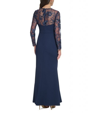 Women's Embellished Combo Side-Ruched Gown Navy $66.56 Dresses