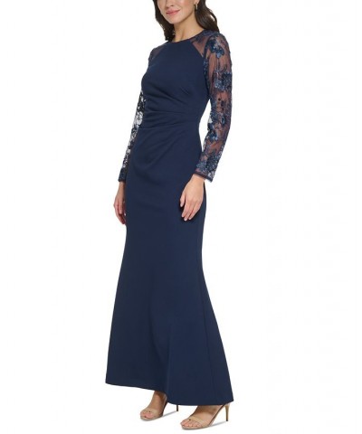 Women's Embellished Combo Side-Ruched Gown Navy $66.56 Dresses