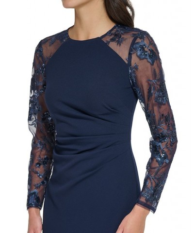 Women's Embellished Combo Side-Ruched Gown Navy $66.56 Dresses