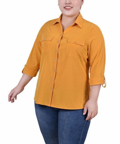 Plus Size 3/4 Roll Tab Blouse with Pockets Gold $13.72 Tops