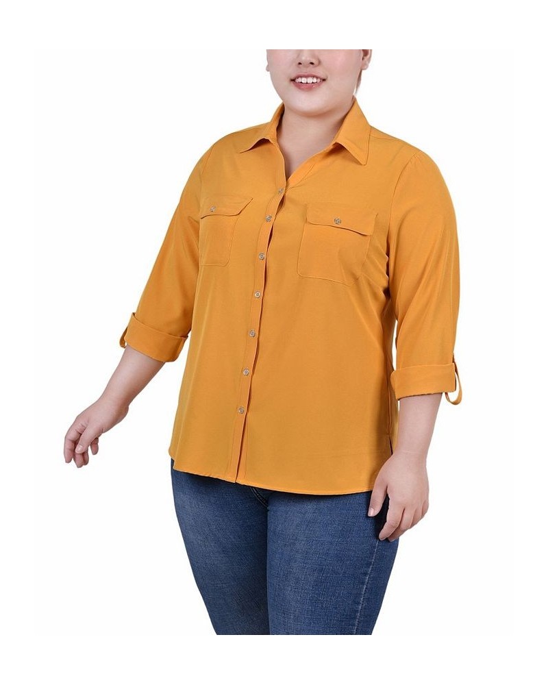 Plus Size 3/4 Roll Tab Blouse with Pockets Gold $13.72 Tops