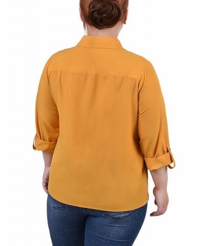 Plus Size 3/4 Roll Tab Blouse with Pockets Gold $13.72 Tops