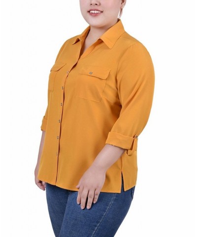 Plus Size 3/4 Roll Tab Blouse with Pockets Gold $13.72 Tops