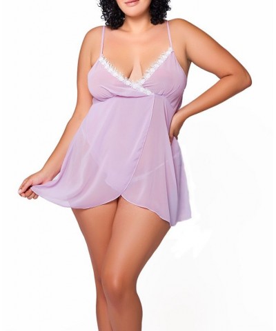 Ava Plus Size Chiffon and Lace Babydoll Chemise with Panty Set of 2 Lavender $34.31 Lingerie