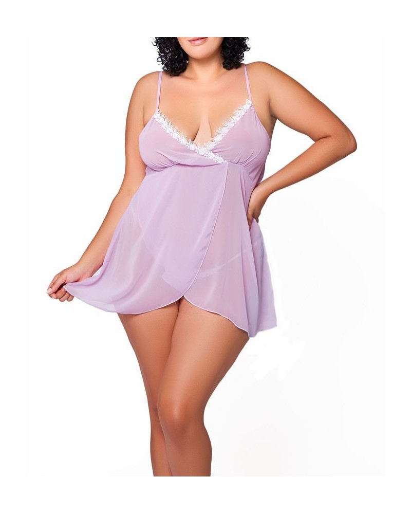 Ava Plus Size Chiffon and Lace Babydoll Chemise with Panty Set of 2 Lavender $34.31 Lingerie