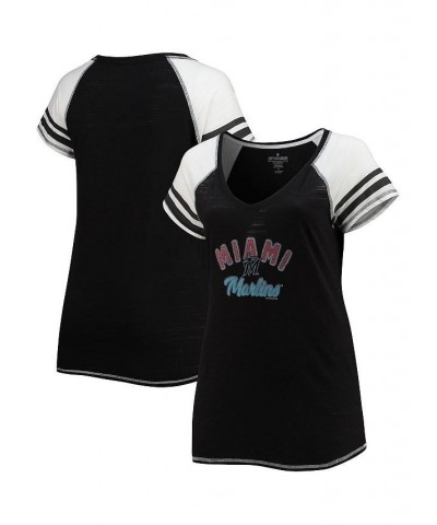 Women's Black Miami Marlins Curvy Colorblock Tri-Blend Raglan V-Neck T-shirt Black $33.59 Tops