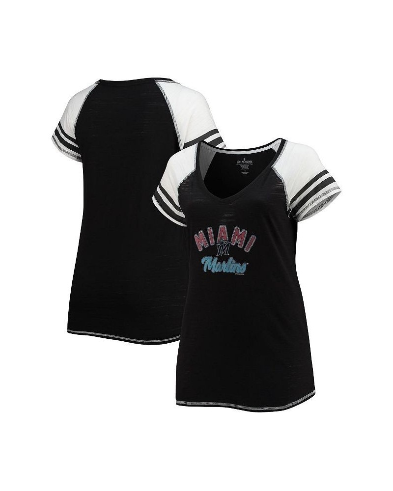 Women's Black Miami Marlins Curvy Colorblock Tri-Blend Raglan V-Neck T-shirt Black $33.59 Tops