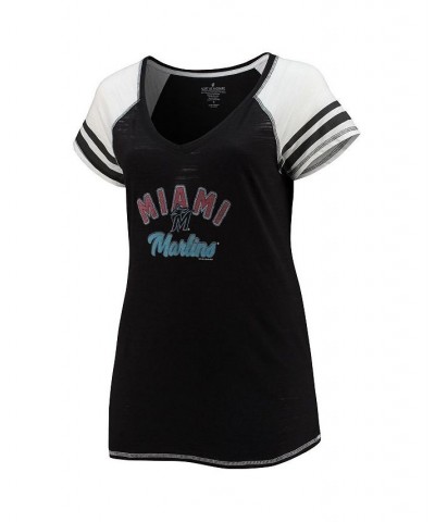 Women's Black Miami Marlins Curvy Colorblock Tri-Blend Raglan V-Neck T-shirt Black $33.59 Tops