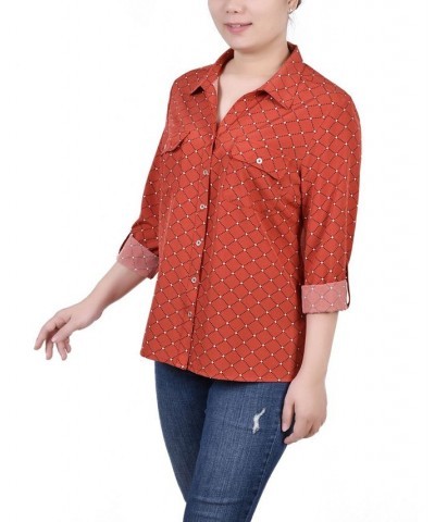 Women's 3/4 Roll Tab Shirt with Pockets Bossanova White and Black Dot $16.32 Tops