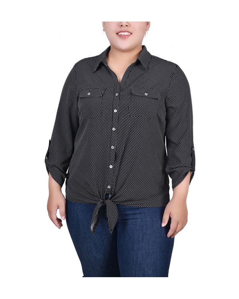 Plus Size Long Roll Tab Sleeve Tie Front Blouse Black White Dot Taranto $17.52 Tops