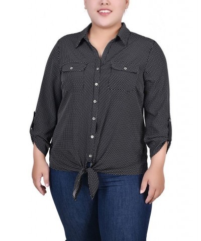 Plus Size Long Roll Tab Sleeve Tie Front Blouse Black White Dot Taranto $17.52 Tops