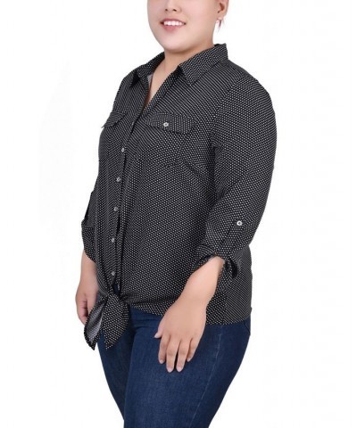 Plus Size Long Roll Tab Sleeve Tie Front Blouse Black White Dot Taranto $17.52 Tops