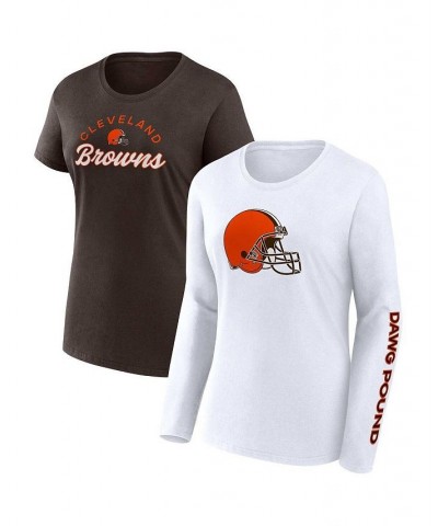 Women's Branded Brown White Cleveland Browns Short and Long Sleeve T-shirt Combo Pack Multi $24.60 Tops