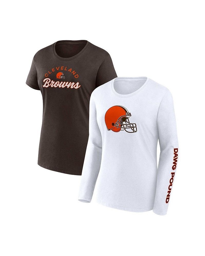 Women's Branded Brown White Cleveland Browns Short and Long Sleeve T-shirt Combo Pack Multi $24.60 Tops