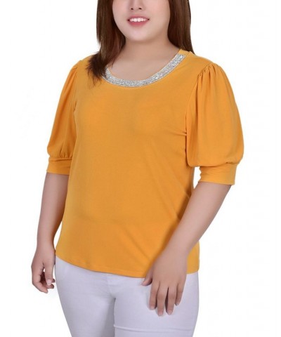 Plus Size Short Beaded Puff Sleeve Top Gold $14.35 Tops