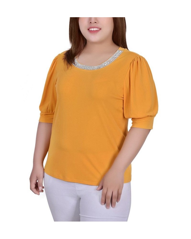 Plus Size Short Beaded Puff Sleeve Top Gold $14.35 Tops