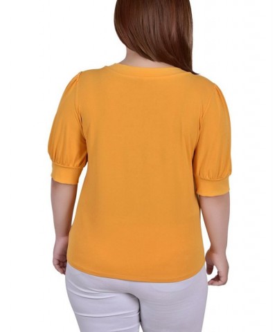 Plus Size Short Beaded Puff Sleeve Top Gold $14.35 Tops