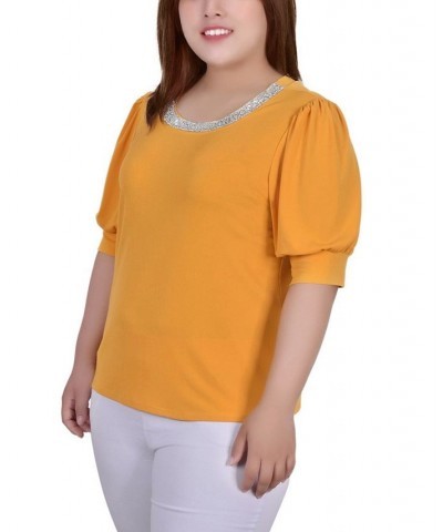 Plus Size Short Beaded Puff Sleeve Top Gold $14.35 Tops