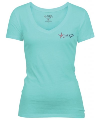 Women's Turtle Reef Cotton Graphic T-Shirt Blue $21.24 Tops