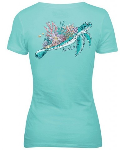 Women's Turtle Reef Cotton Graphic T-Shirt Blue $21.24 Tops