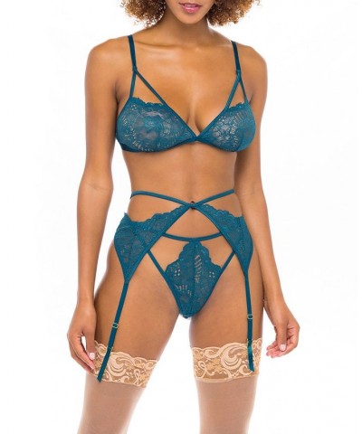Women's Soft Lace Bra with Matching Garter Belt and Crotch less Panty 3 Piece Blue $22.39 Lingerie