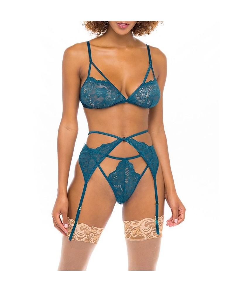 Women's Soft Lace Bra with Matching Garter Belt and Crotch less Panty 3 Piece Blue $22.39 Lingerie