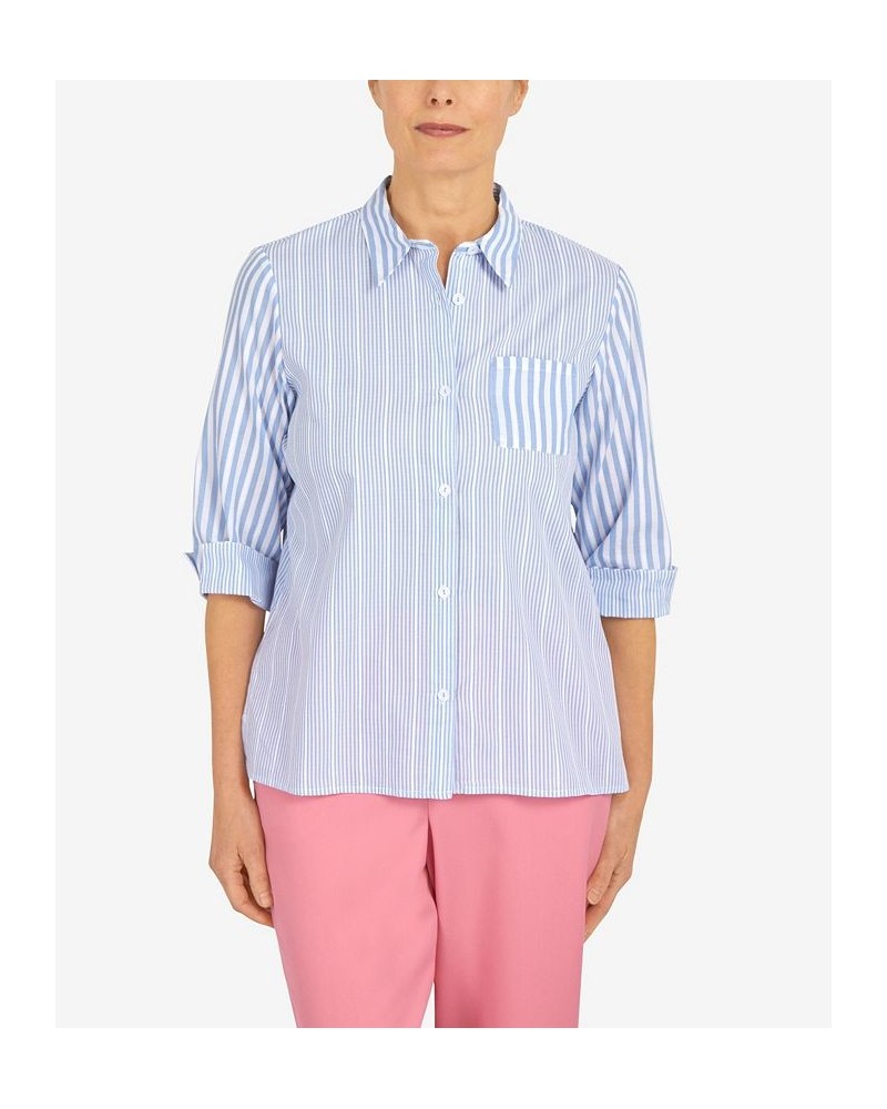 Petite Mixed Stripe Button Down Top Cornflower $28.50 Tops