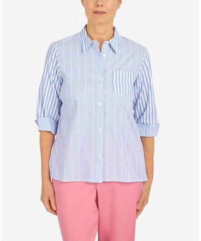 Petite Mixed Stripe Button Down Top Cornflower $28.50 Tops