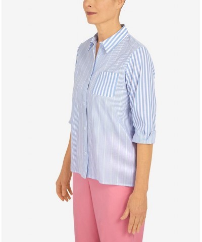 Petite Mixed Stripe Button Down Top Cornflower $28.50 Tops