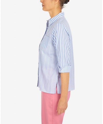 Petite Mixed Stripe Button Down Top Cornflower $28.50 Tops