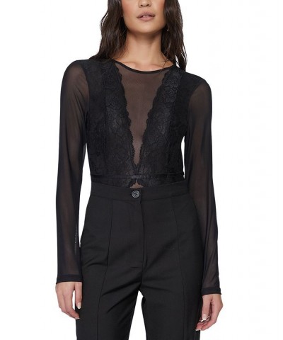 Women's Ambrosia Contrast-Lace Bodysuit Black $34.87 Tops