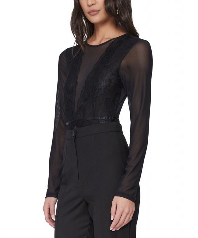 Women's Ambrosia Contrast-Lace Bodysuit Black $34.87 Tops