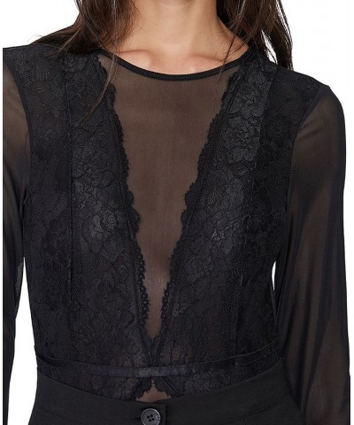 Women's Ambrosia Contrast-Lace Bodysuit Black $34.87 Tops