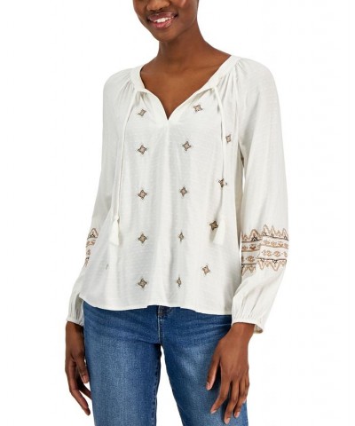 Petite Embroidered Peasant Top Ivory/Cream $18.29 Tops