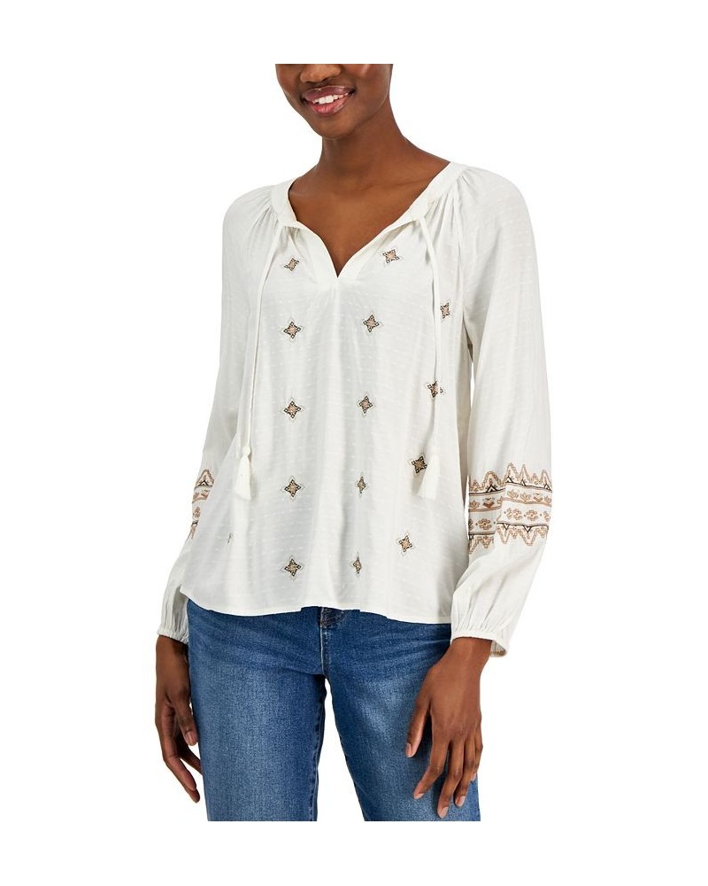 Petite Embroidered Peasant Top Ivory/Cream $18.29 Tops