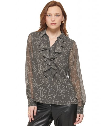 Women's Long Sleeve Floral Ruffle Front Blouse Charcoal/Tin $50.49 Tops