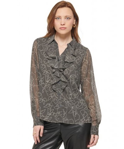 Women's Long Sleeve Floral Ruffle Front Blouse Charcoal/Tin $50.49 Tops