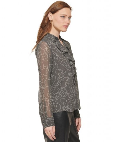 Women's Long Sleeve Floral Ruffle Front Blouse Charcoal/Tin $50.49 Tops